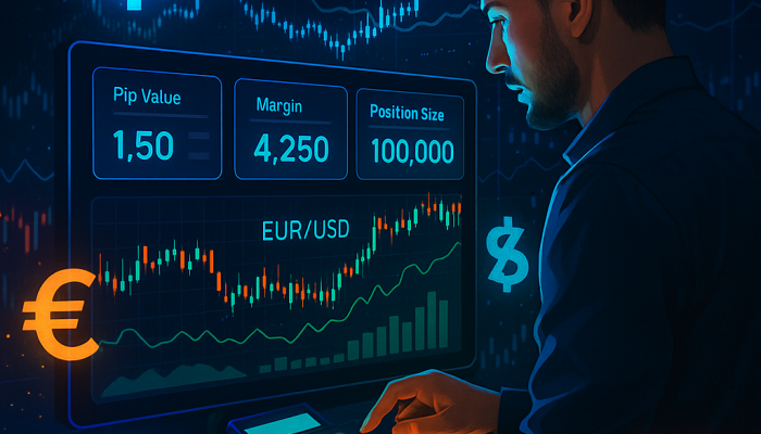 A dashboard with pip value, margin, position size, and a glowing EUR/USD chart