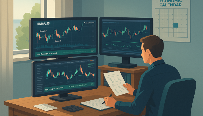 Multiple monitors with live forex charts and news tickers